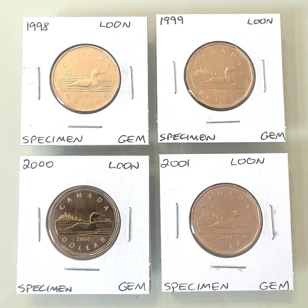 1998, 1999, 2000, 2001 Canada Specimen Finish $1 Dollar Loons!